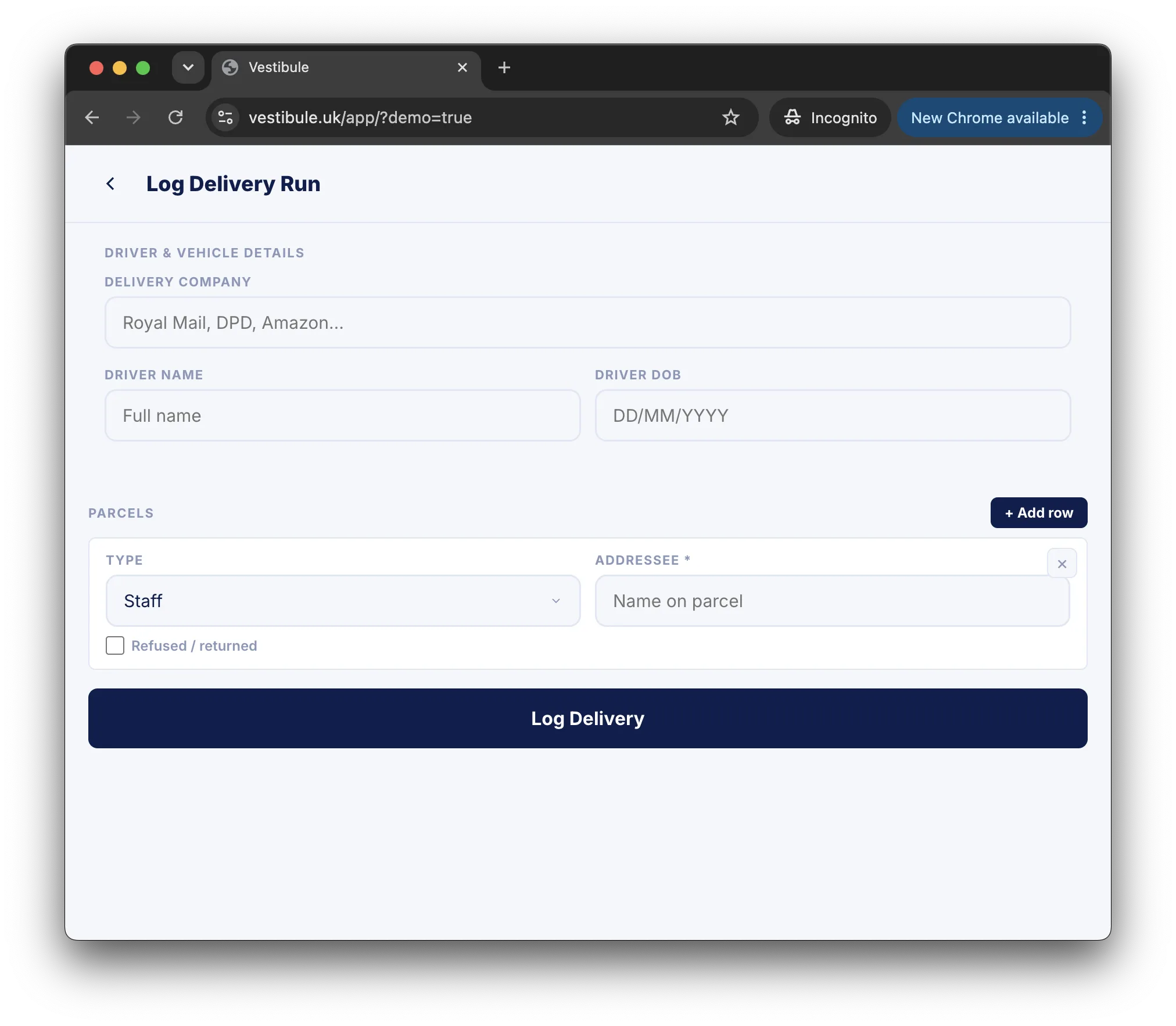 Vestibule log delivery run form showing delivery company, driver details and parcel entry fields
