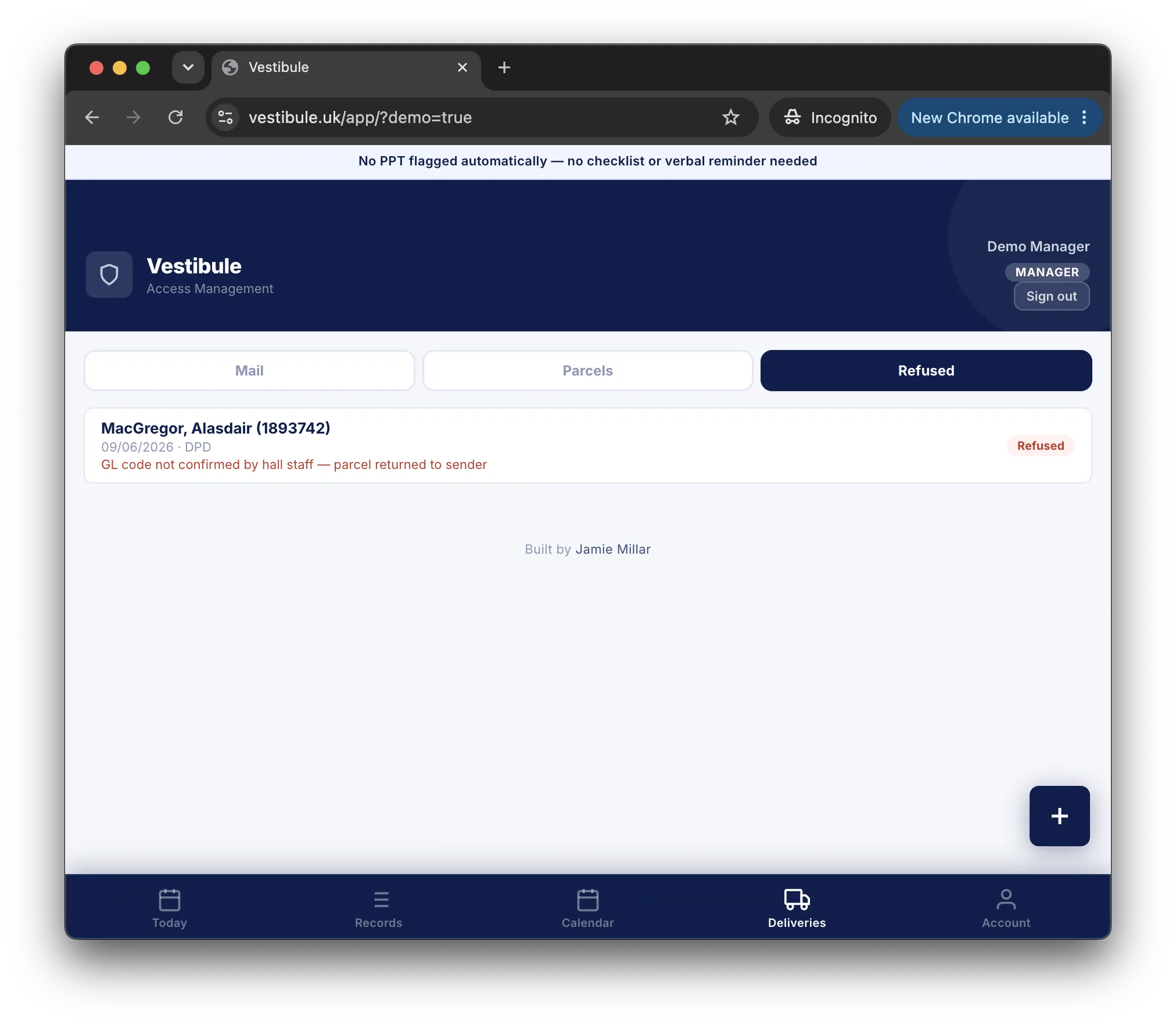 Vestibule refused tab showing MacGregor Alasdair parcel returned to sender with GL code not confirmed reason